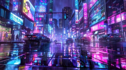 Neon City Street at Night. Cyberpunk Style Urban Landscape