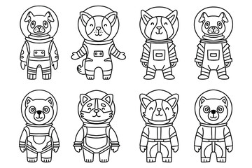 A set of cartoon animals in space suits