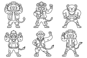 A group of cartoon lion are dressed in clothing and are posing for a picture