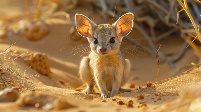 A jerboa pauses in a sandy desert landscape, its large ears and bright eyes alert to any signs of danger or opportunity amidst the endless sand.