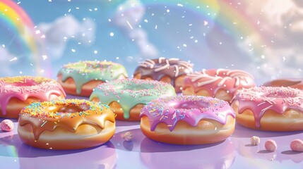 Obraz premium Sweet Dreams Colorful Doughnuts Forming a Rainbow Delight