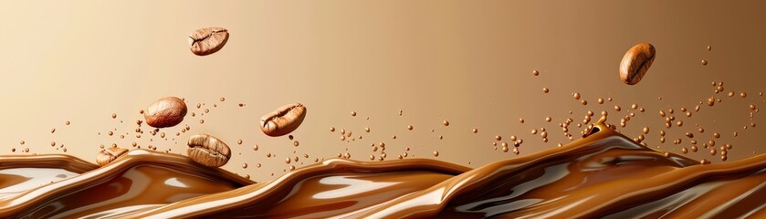 A chocolate wave with coffee beans floating in it, free space for text