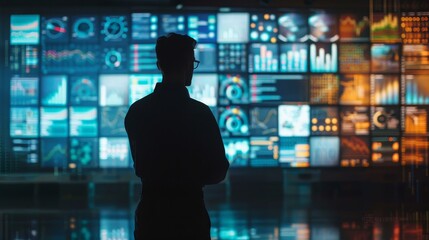 Digital Symphony Silhouette of Control Room Operator Amidst Glowing Data Analytics Screens