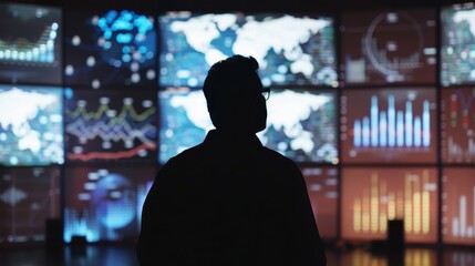 Digital Symphony Silhouette of Control Room Operator Amidst Glowing Data Analytics Screens