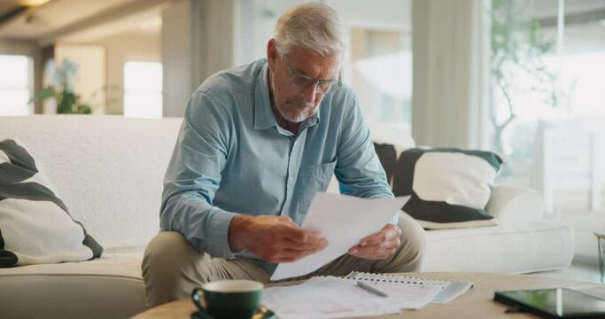 Home, sofa and senior man with documents for loan payment, mortgage debt and insurance plan. Elderly person, retirement and thinking with paperwork for healthcare bills, pension and financial invoice
