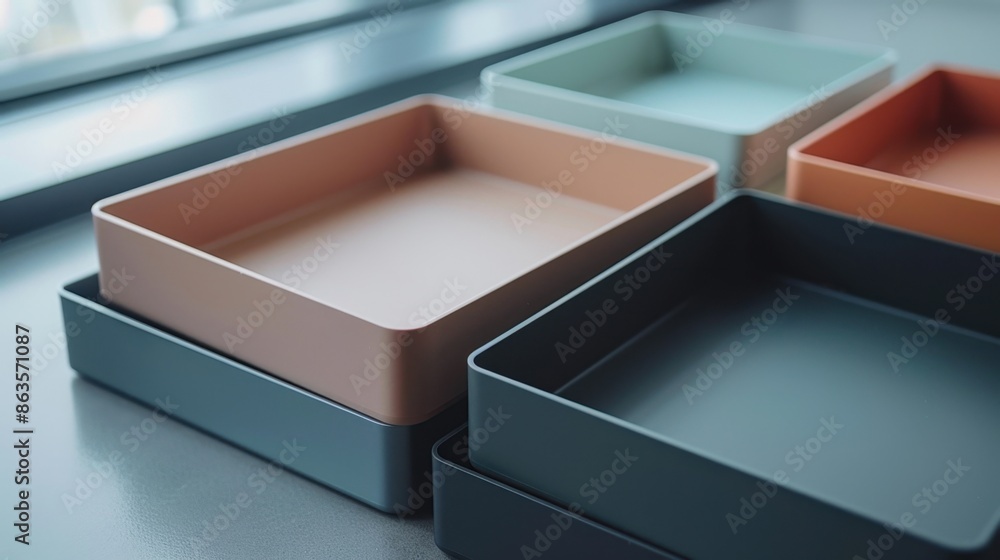 Poster minimalistic filing trays on a plain surface, showcasing their straightforward design and utility.