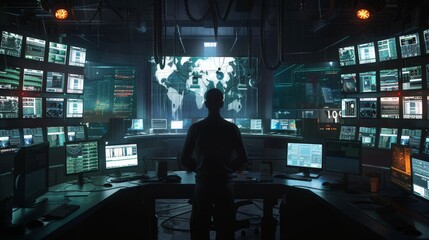 Guardian of the Digital Realm Cybersecurity Officer Monitoring Intrusion Detection Systems in HighTech Command Center