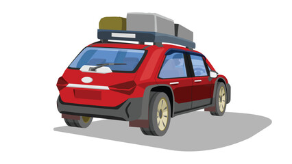 Naklejka premium Perspectives rear side view of SUV red car. With driving man inside car. On the roof of the car there is luggage set up on a rack. Isolated of white background.