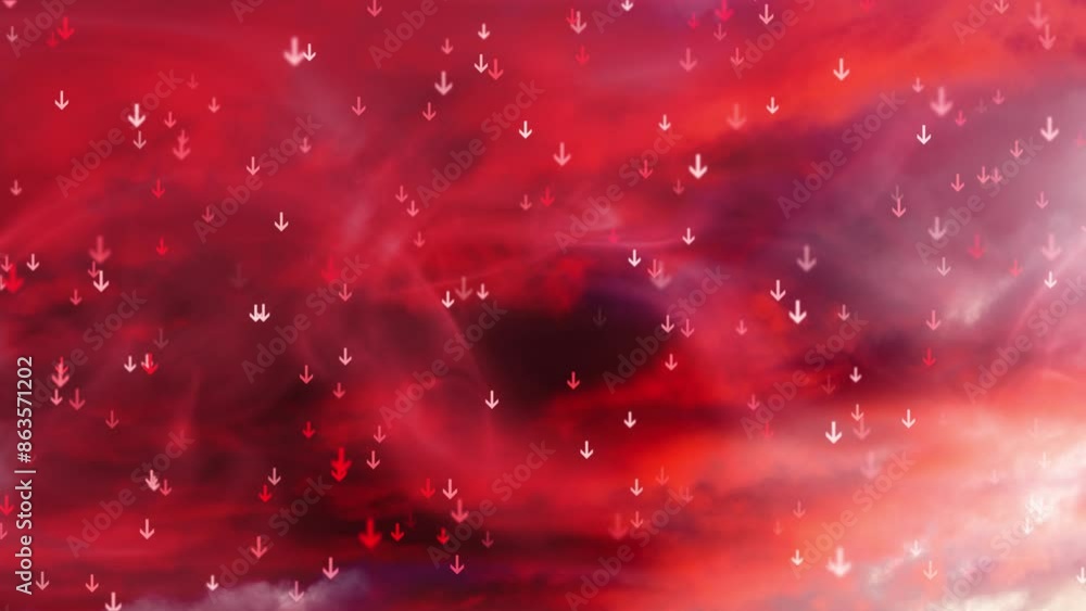 Poster dangerous red sky with clouds and down pointed animated arrows.