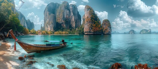 Scenic Tropical Paradise with Boat and Limestone Cliffs