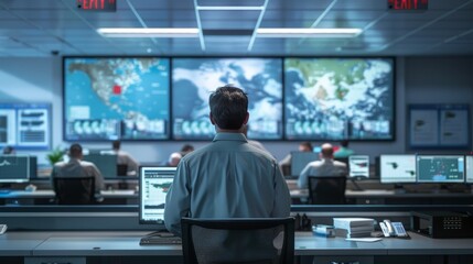 Strategic Planning Disaster Relief Coordinator Analyzing Weather Models and Rescue Operations in Situation Room