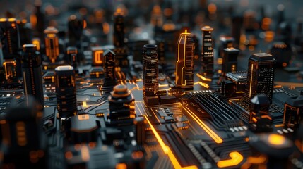 Luminous futuristic city on an extensive illuminated circuit board