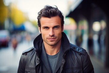 Obraz premium Portrait of a handsome young man in leather jacket looking at camera