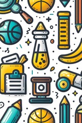 A cartoon pencil drawing doodle of school supplies and sports equipment. Back to school