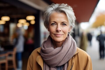 Fototapeta premium Portrait of happy senior woman walking in city street, looking at camera