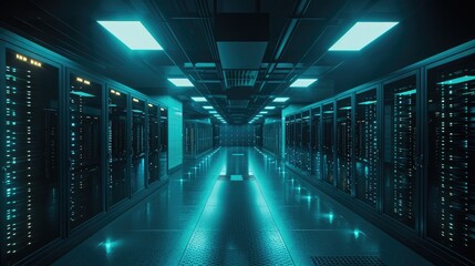 Modern server room interior with blue light. Concept of data storage, cloud computing, cybersecurity, and technology.