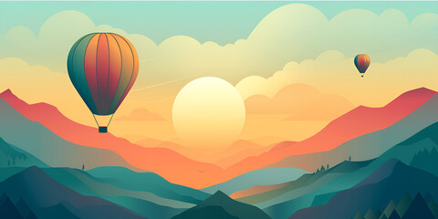 A painting of a mountain landscape with hot air balloons in the sky
