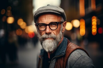 Portrait of a senior man with gray beard and mustache wearing eyeglasses walking in the city.