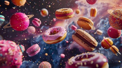 Sweet Galaxy Tempting Doughnuts and Macarons Orbit in a Dessert Universe