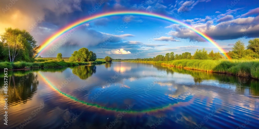 Wall mural Rainbow arching over a serene river, rainbow, river, colorful, nature, landscape, reflection, water, vibrant, sky - Wall murals