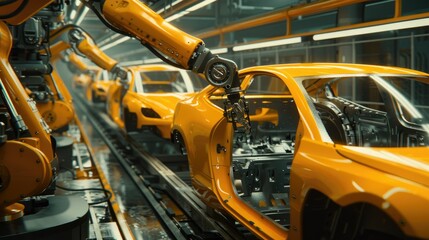 Robotic arms assembling a car on an automated production line in a modern car factory. Concept of automation, industry 4.0, and advanced manufacturing.