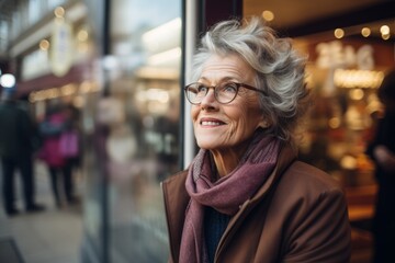 Fototapeta premium Portrait of smiling senior woman in eyeglasses in shopping center