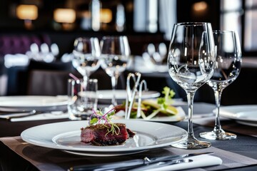 A close-up of a single slice of grilled steak with fresh garnish on a white plate at a restaurant table, set with wine glasses and cutlery