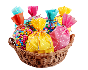 Basket with candy and candy bags on transparent background