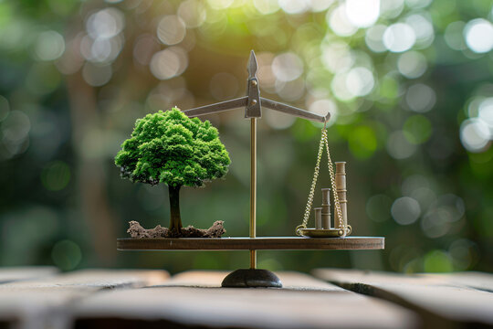 A balance scale weighing a tree and a factory, illustrating environmental vs economic interests