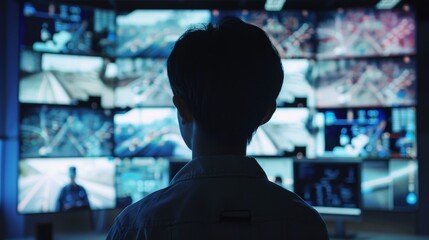 Eyes on the Border Surveillance Specialist Analyzing Live Feed in HighSecurity Control Room