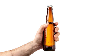 Cropped image of male hand holding bottle of strong alcohol drink, beer isolated over white background