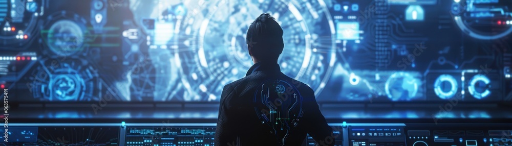 Poster a man is looking at a computer monitor that shows a galaxy. the monitor is filled with stars and pla