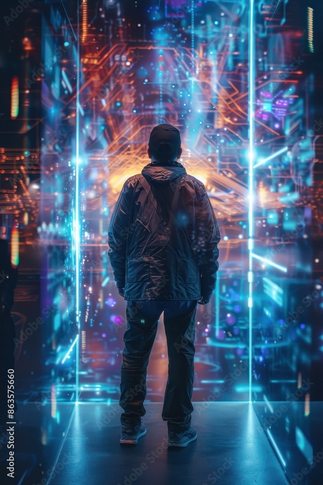 Poster a man is looking at a computer monitor that shows a galaxy. the monitor is filled with stars and pla
