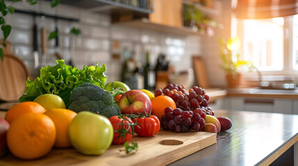 Fresh fruits and vegetables on a brightly lit kitchen counter, inviting healthy cooking