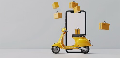 3D online food order and food delivery service.carrier on freight scooter and delivery bag, green color background. Food delivery green motor scooter driver with Green backpack and delivery box