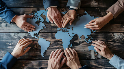 Global leaders hands over a world map, forging alliances or disputes