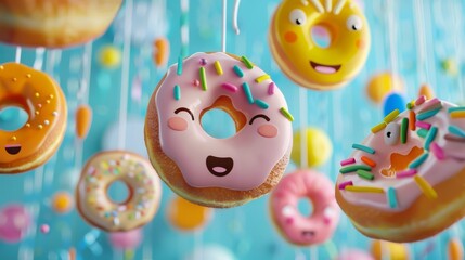 Obraz premium Whimsical Doughnut Delight Vibrant and Fun Children's Party Treats with HandDrawn Faces Floating in MidAir