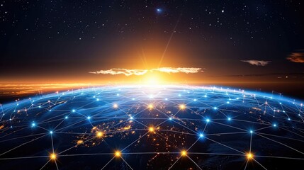 Digital network over Earth's surface at sunrise, showing global connectivity and technological progress.
