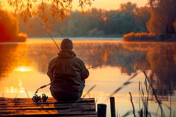 Man Fishing on Dock at Sunset
