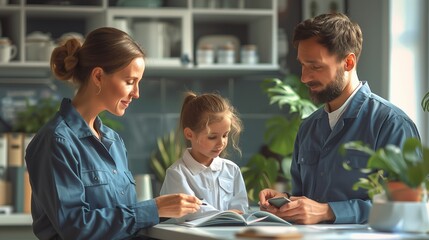 Obraz premium Labor Day tribute featuring blue social workers visiting a family, elegant and clean design