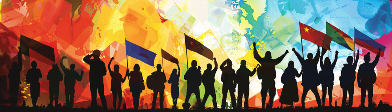 Silhouettes of protestors with flags from different nations, standing for global solidarity or unrest