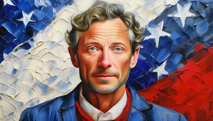Portrait of a person with a red, white and blue background.