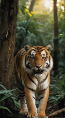 a tiger walking through the jungle with trees in the background