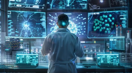 CuttingEdge Research Scientist Analyzing RealTime Biometric Data and Experimental Results on Multiple Screens