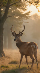 Fototapeta premium deer with large antlers walking through a field in the sun