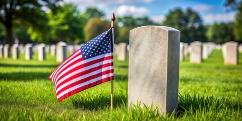 American flag placed on a gravestone in a military cemetery , Memorial Day, United States, remembrance, patriotic, veteran