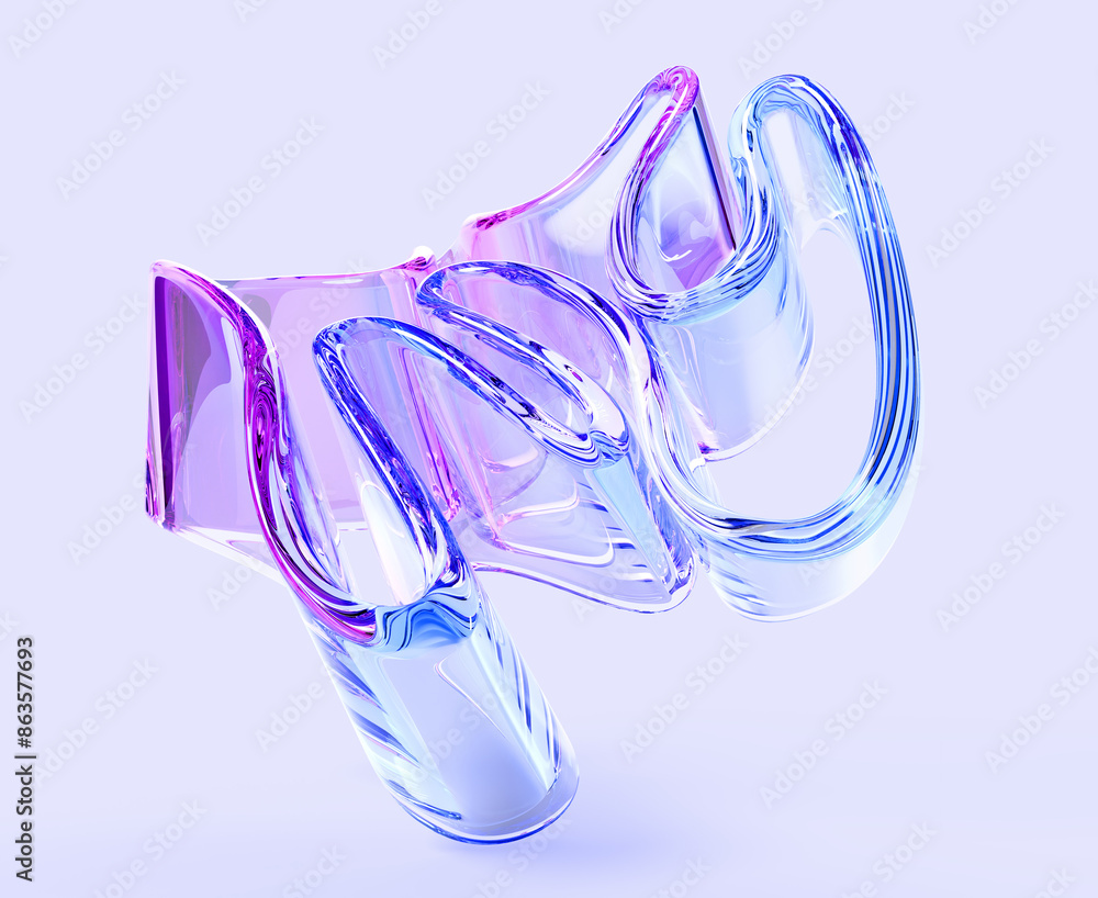 Poster 3d abstract liquid glass transparent ribbon with folds and ruffles isolated render icon. holographic