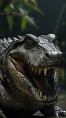 Obraz premium crocodile with open mouth and teeth in water with vegetation in background