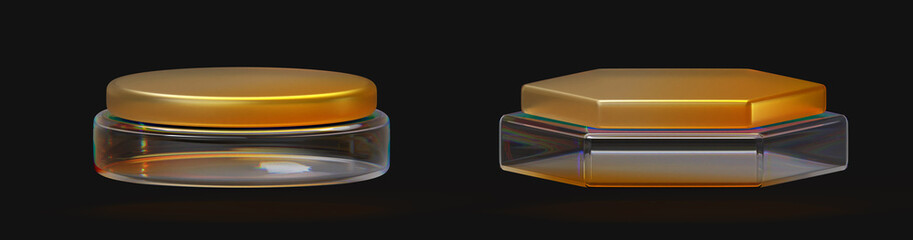 3d gold glass round and hexagon stand podium render set. Golden crystal luxury stage, empty pedestal. Award scene template for winner or product display isolated on black background. 3D illustration