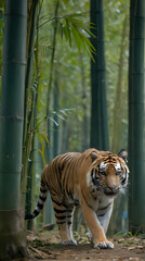 a tiger walking through a bamboo forest with tall green trees